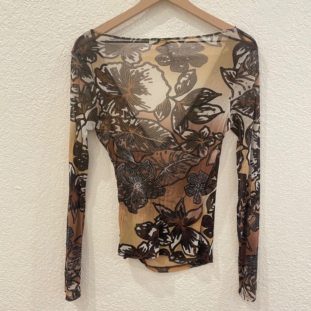 Cache Vintage Y2K Sheer Mesh Floral Wrap Top Long Sleeve Brown Tan V-Neck Large - Picture 5 of 9